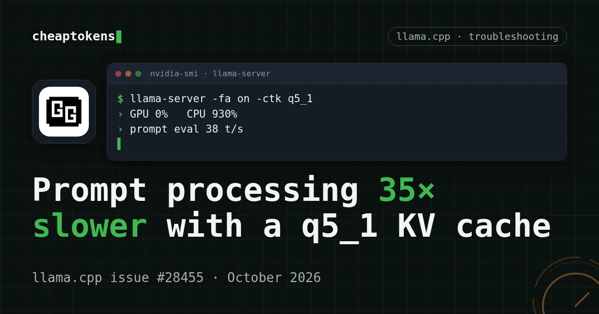 Terminal showing GPU at 0 percent and CPU at 930 percent during llama.cpp prompt processing