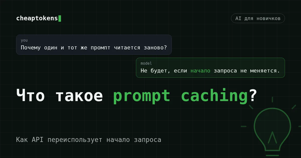 Обложка: что такое prompt caching, чат с вопросом, почему повторяющийся промпт оплачивается снова