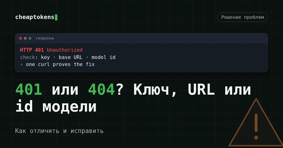 Карточка ошибки 401 с подсказкой проверить ключ, base URL и id модели