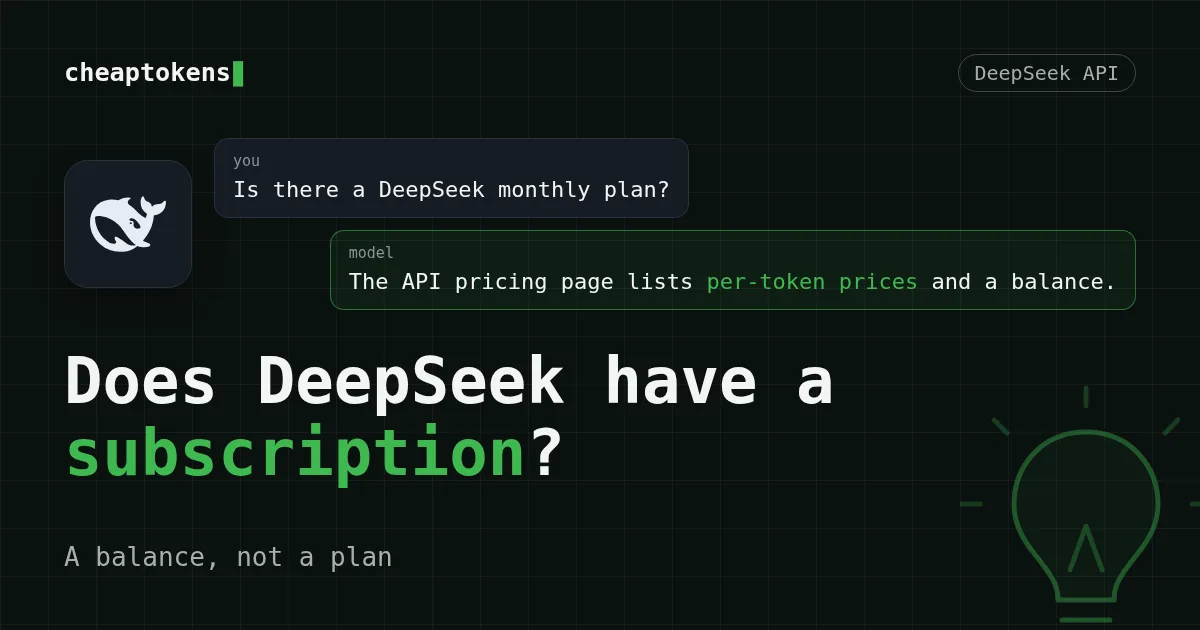 Chat card: the question “Is there a DeepSeek monthly plan?” and the answer that the API pricing page lists only per-token prices and a balance