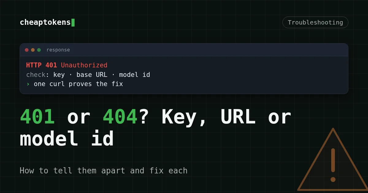 Error card with status 401 and a hint to check the key, base URL and model id