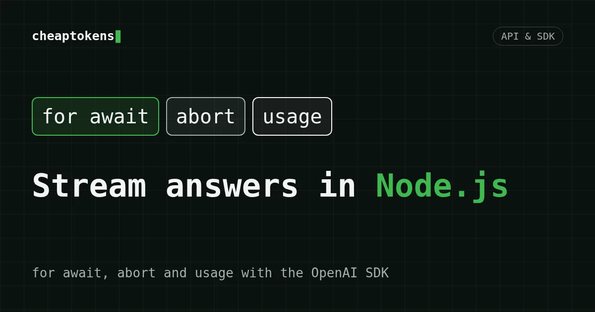 Terminal window printing a streamed answer token by token from a Node.js script