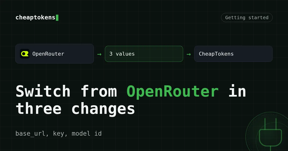 Cover: switching an OpenAI-SDK app from OpenRouter to CheapTokens by changing base_url, key and model id