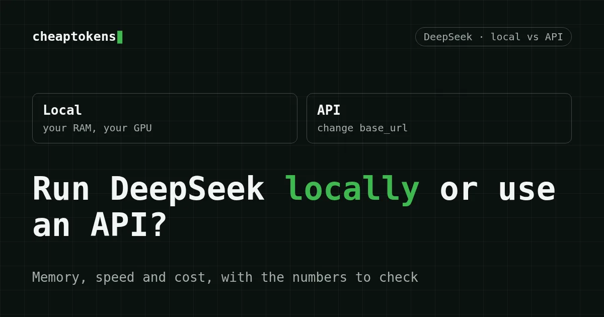 Two columns, Local and API, comparing running DeepSeek on your own hardware with calling a hosted API by changing base_url