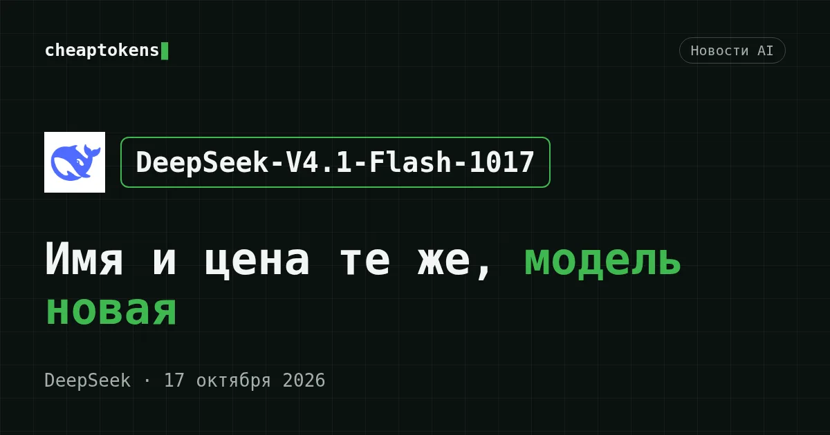 Обложка: имя deepseek-flash в API теперь ведёт на DeepSeek-V4.1-Flash-1017 — имя то же, цена та же, модель новая.