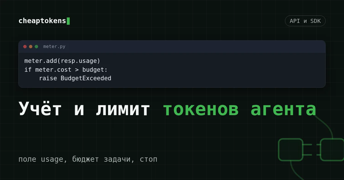 Карточка в стиле терминала: лог usage по шагам и проверка бюджета, которая останавливает ИИ-агента