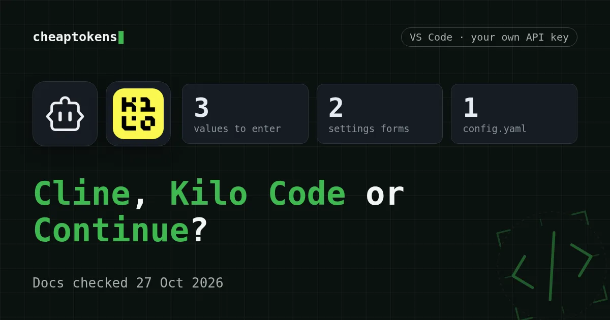 Cover: Cline, Kilo Code and Continue compared for VS Code with your own API key