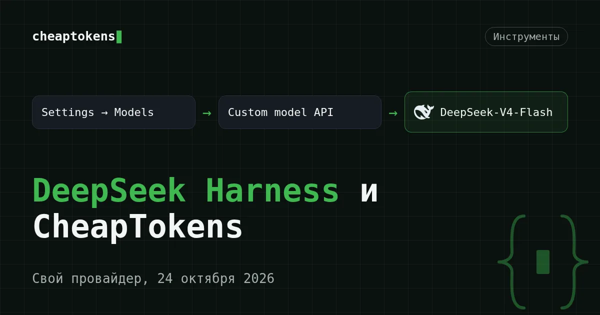 Обложка: DeepSeek Harness подключён к CheapTokens через свой провайдер