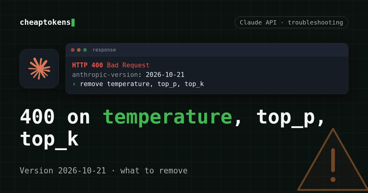Terminal-style card: error 400 for temperature, top_p and top_k in the Claude API
