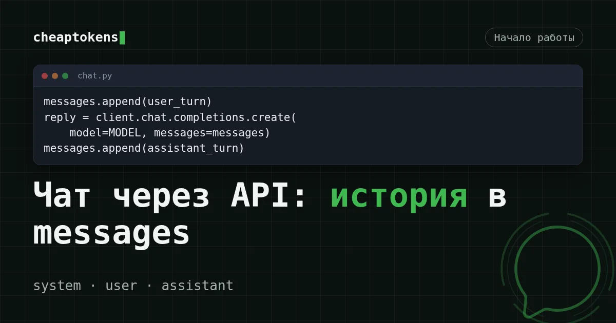 Обложка: список messages с записями system, user и assistant, который отправляется заново с каждым запросом