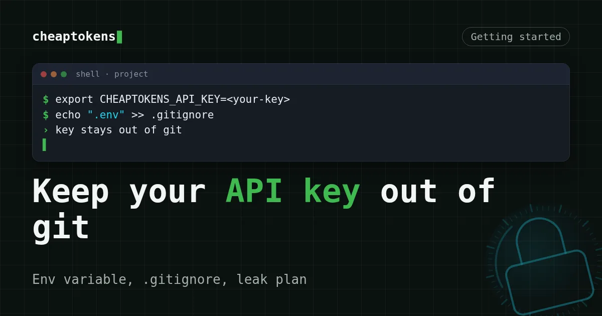 Terminal with an environment variable export and a .gitignore line for an API key