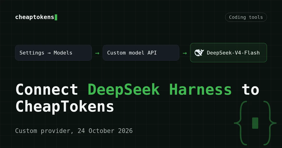 Cover: DeepSeek Harness connected to CheapTokens through a custom provider